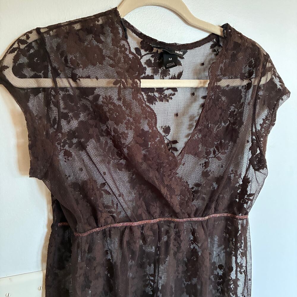 Y2K H&M Brown Lace Sheer V-Neck Babydoll Top Size M FLAW Fairy Grunge Whimsigoth
